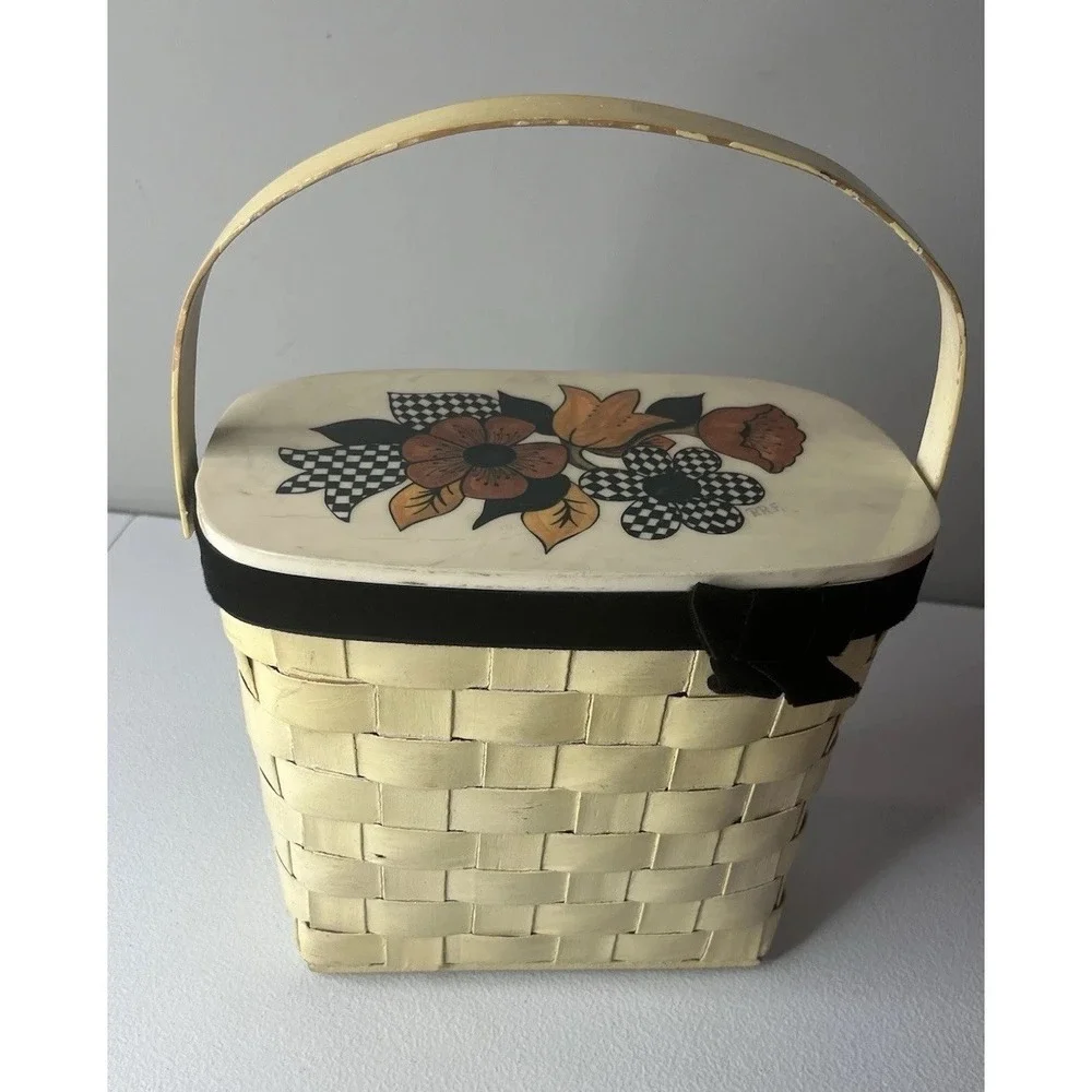 VTG Top Handle Wood‎ Basket Purse Floral Lid Woven Handbag Decoupage MCM